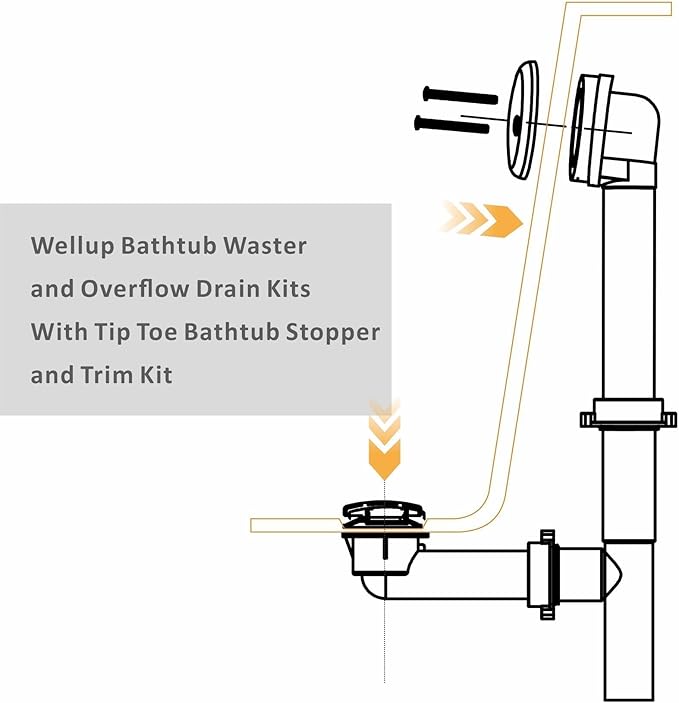 1-1/2" Bathtub Drain Kit Wellup Tubular Tip Toe Bath Waste Drain Kit, Touch-Toe Black Tub Drain Replacement Kit with Tip Toe Drain Stopper, PVC Plastic Pipe Tub Overflow Drain Cover, Matte Black