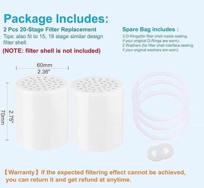 2 Pc Luxau 20 Stage(Also Fit 15, 18 Stage) Shower Filter Replacement Cartridge, Shower Head Filter Refill, for Hard Water Chlorine Heavy Metal, Skin Hair, Fit Any Similar Design Shower Water Filter