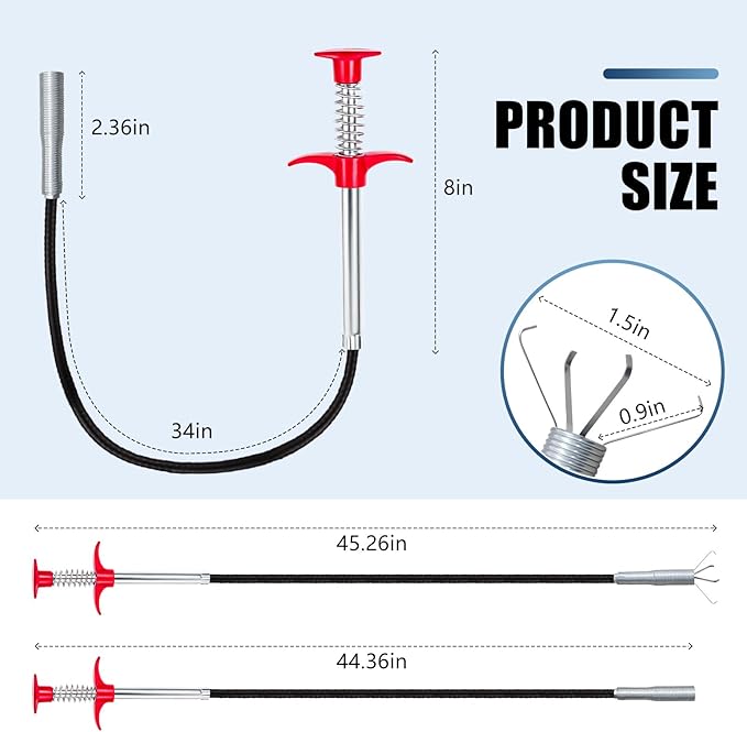 34'' Flexible Grabber Claw (4 Claws), Drain Snake with Tweezers, Bendable Hose Grabber Reacher Tool, Retractable Drain Clog Remover Tool, Pickup Tool for Bath Tub, Toilet, Kitchen Sink & Sewer
