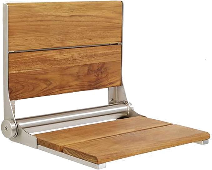 Teak Shower Seat - Contour Wood / Folding Wall Mount Bench for Inside Shower / ADA Safety Assist / 304 Stainless Steel / Brushed Finish / 26" x 16"