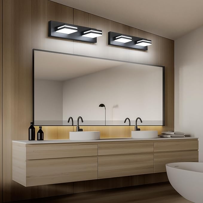 SineRise LED Modern Bathroom Vanity Light Fixtures (2-Light, 15.5-Inch), Matte Black Modern Acrylic Bathroom Wall Lighting Fixtures Over Mirror (Cool White 6000K)