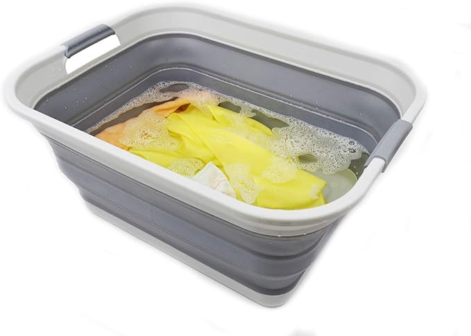 SAMMART 42L(11 gallon) Collapsible Plastic Laundry Basket-Foldable Pop Up Storage Container/Organizer-Portable Washing Tub-Space Saving,Water capacity 34L(9 gallon) (1 Rectangular - strengthen, Grey)