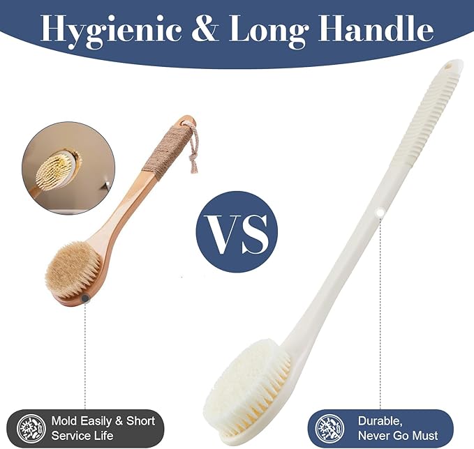 Back Scrubber for Shower, Shower Body Brush for Cleaning with Long Handle for Showering, 17 Inch Back Washer Exfoliator for Shower Men Women with Non-Slip Handle, Adhesive Hook (Cream White)