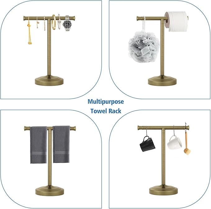 RUMOSE 13 Inch Antique Brass Towel Bar Stand Hand Holder Bathroom Kitchen Vanity Countertop T-Shape Towel Rack Free Standing Stainless Steel