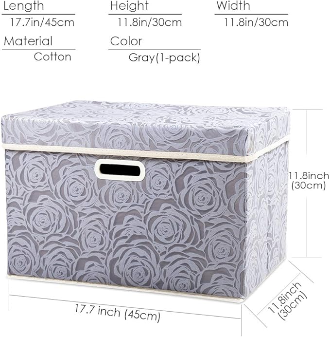 PRANDOM Larger Collapsible Storage Box with Lid [1-Pack] Fabric Decorative Storage Bin Cube Organizer Container Basket with Cover Handles for Bedroom Closet Living Room Gray 17.7x11.8x11.8 Inch