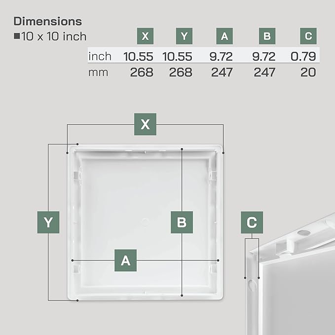 Vent Systems White ABS Plastic Access Panel 10 x 10 Inch (Opening) - Access Door for Drywall, Wall, Ceiling - Electrical, Plumbing Service Wall Hole Cover - Inspection Door - 11 x 11 Inch (Outer)