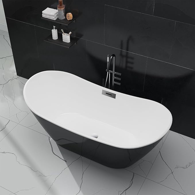 59 in Acrylic Freestanding Bathtub, Contemporary Stand Alone Tub,Black Soaking Tub, with Chrome Overflow and Drain,CUPC Certified