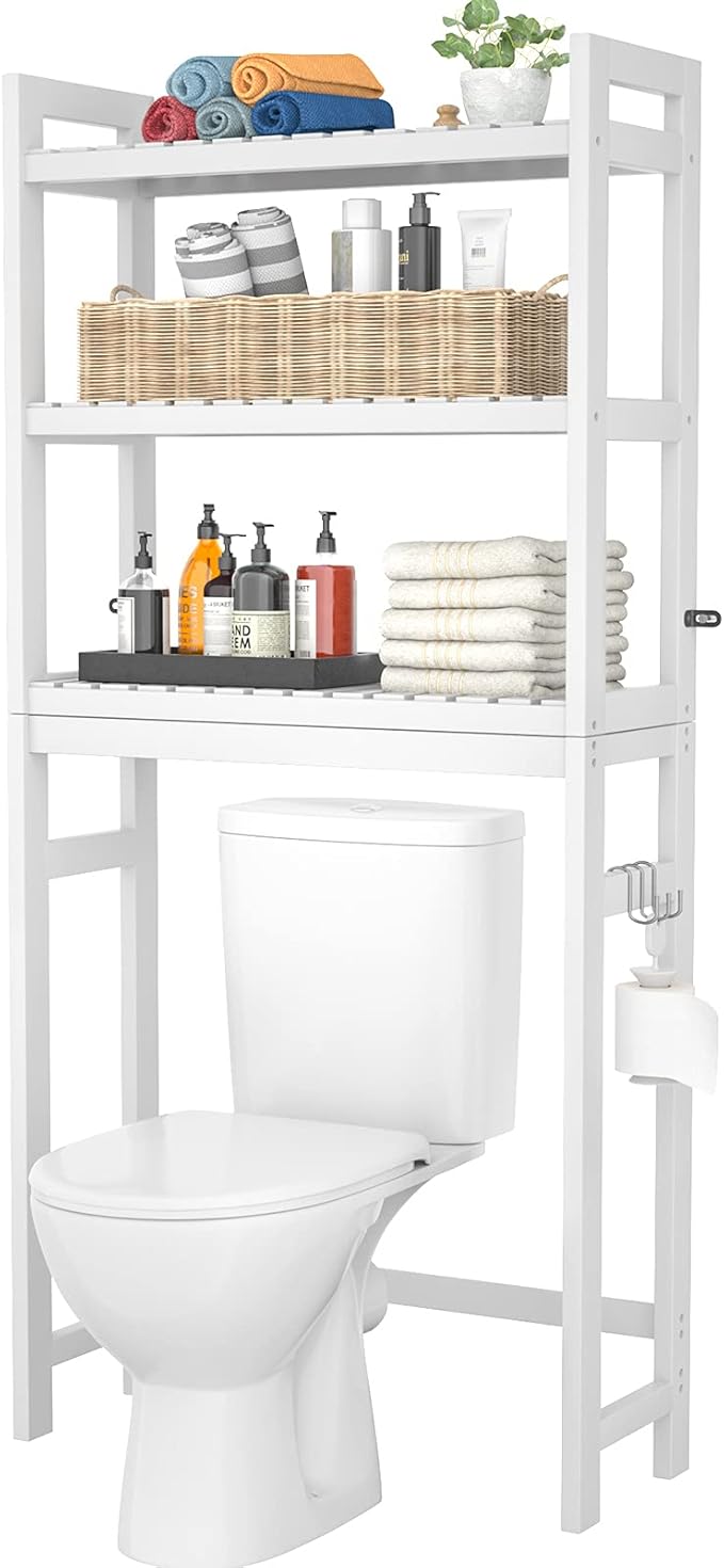 Homykic Over The Toilet Storage, Bamboo Over Toilet Bathroom Organizer Rack, Freestanding Bathroom Shelves Above Toilet Storage with 3 Hooks, Bathroom Space Saver, No Rust, Easy to Assemble, White