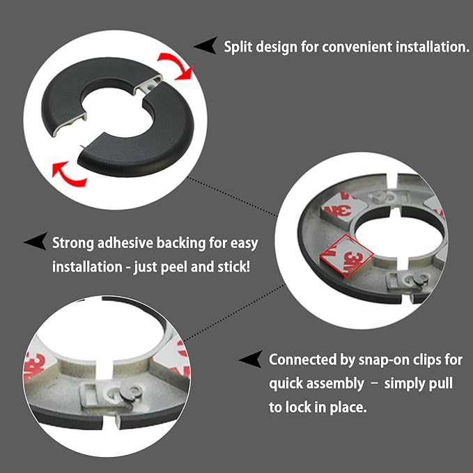 Wall Split Flange 2 Pieces, Pipe Cover Decoration Fit 1.1 inch Outer Diameter Pipe, ABS Round Self-Adhesive Escutcheon Plate, Buckles Design Split Plumbing Cover Plates, Black (28mm)