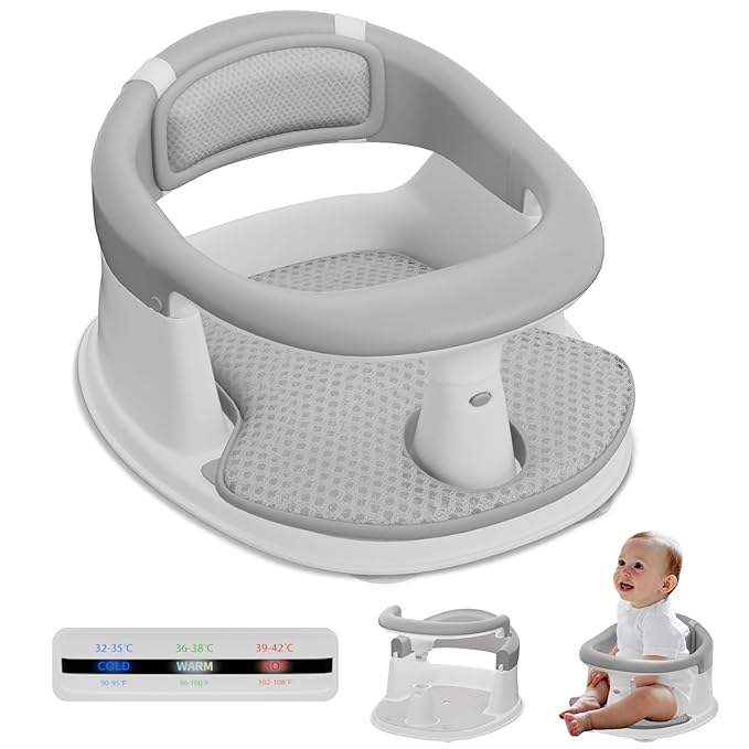 Baby Bath Seat-for Babies 6 Months & up with Temperature Alert+Soft Cushion+Suction, Toddler Bath Seat for Baby, Sitting Up with Baby Bathtub Seat, Grey