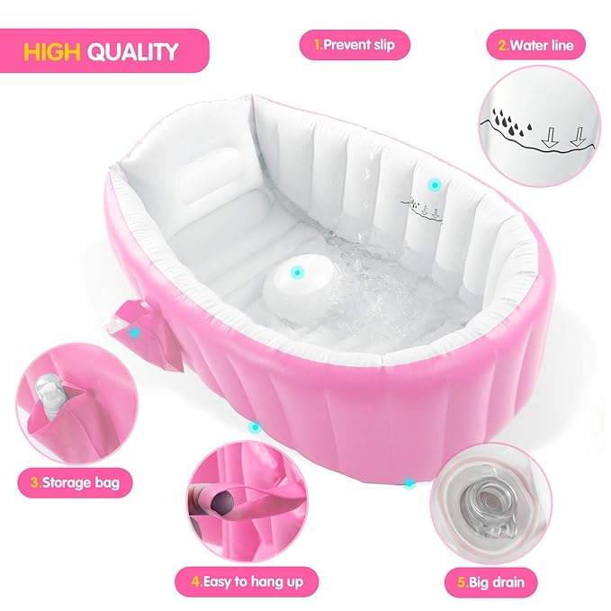 Inflatable Baby Bathtub, Portable Infant Toddler Bathing Tub Non Slip Travel Bathtub Mini Air Swimming Pool Kids Thick Foldable Shower Basin with Air Pump, Pink