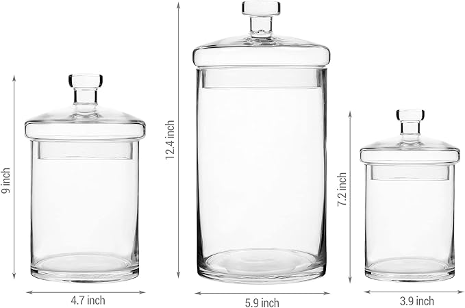 MyGift Glass Apothecary Jar Set with Clear Lid - Decorative Kitchen and Bath Storage Canisters, Wedding Centerpiece Jars, Candy Buffet with Lids