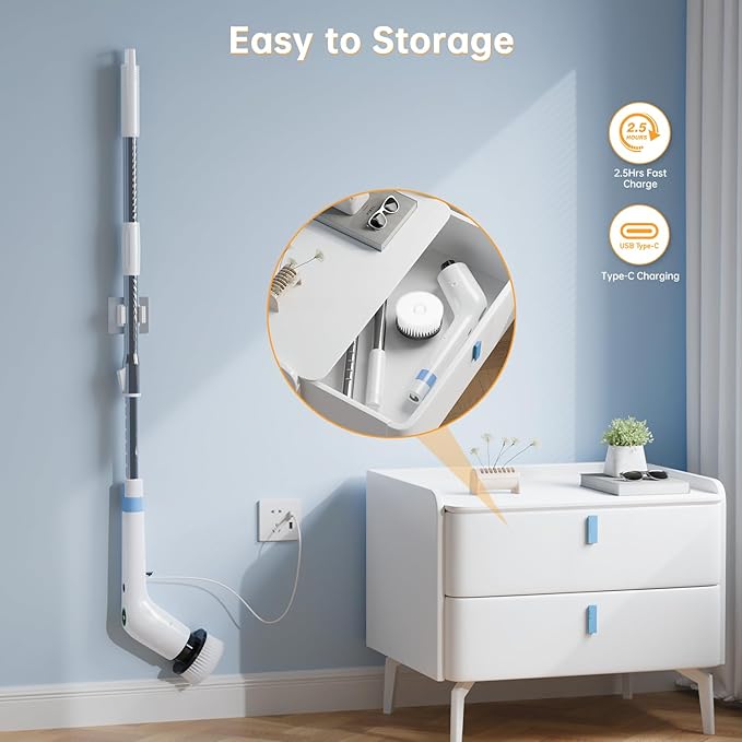 Electric Spin Scrubber, Cordless Shower Scrubber with 8 Scrub Brush, 2 Speed with Adjustable Extension Handle, Battery Level Display, Power Scrubber for Bathroom Bathtub Tile Floor, White