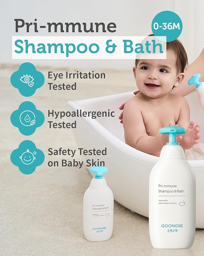 GOONGBE Pri-mmune Shampoo & Bath - Korean Baby Wash - Hypoallergenic Head to Toe Cleanser - Paraben-Free Formula For Sensitive Hair & Skin, 11.8 fl.oz. 2 Pack