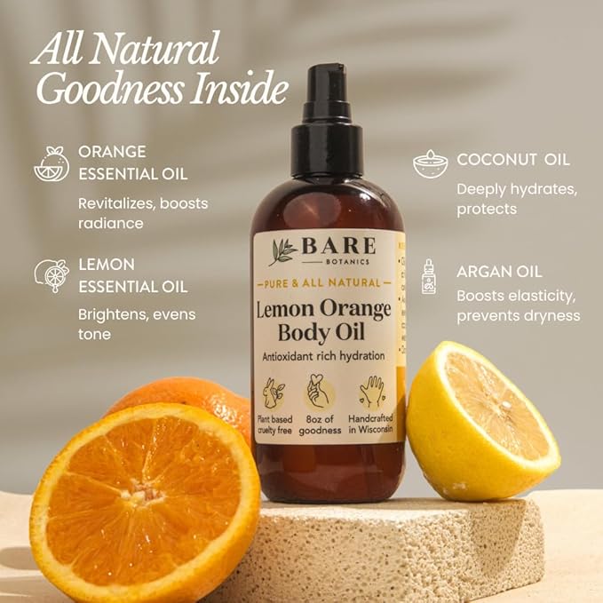 BARE BOTANICS 8 oz Moisturizing Lemon Orange Body Oil - 100% Pure & Natural for Skin & Nails - Perfect for Moisturization - Vegan, Cruelty Free & Naturally Scented Hair Oil