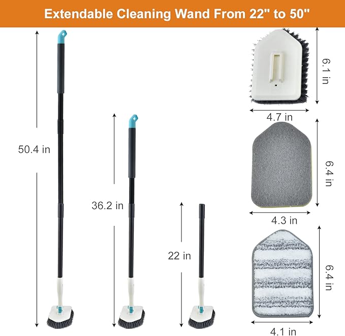 Long Handled Scrub Brush for Shower,3-in-1 Cleaning Brushes with 3 Different Function Cleaning Heads Brush for Shower Cleaning Bathroom Kitchen Walls Tub Tile (White)
