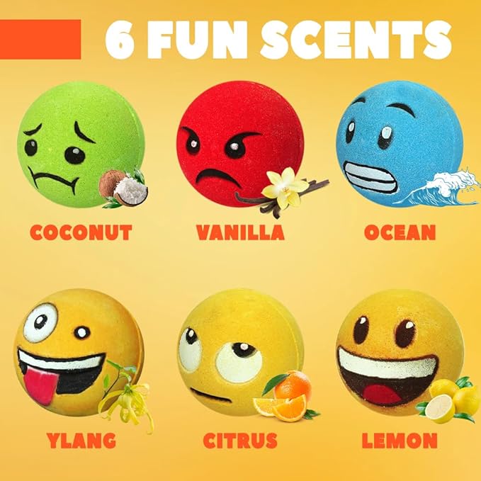 Large Emotion Face Bath Bombs Set of 6 – Fun Emoji-Inspired Spa Fizzies – Handmade with Shea Butter, Cocoa Butter & Essential Oils – Moisturizing Gift Set for Women, Men & Kids