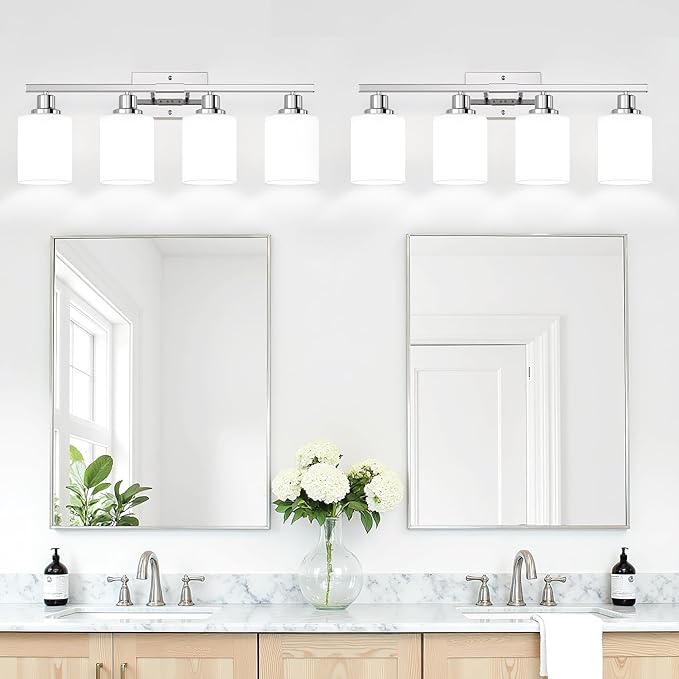 4-Light Vanity Light with Milky White Shades, Chrome Bathroom Lighting Fixtures Over Mirror, Modern Bathroom Wall Lamp for Mirror Living Room Cabinet Bedroom