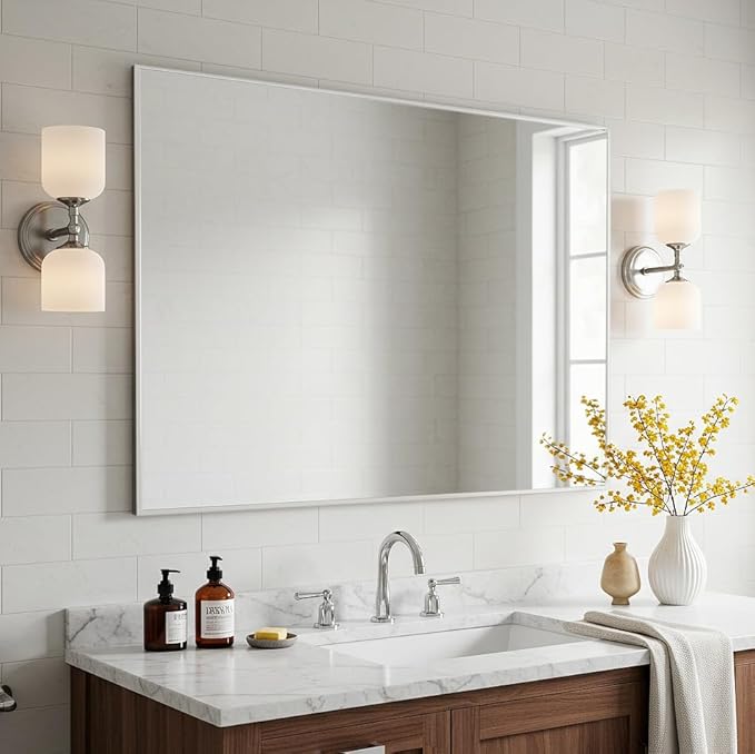 30x40 Inch Silver Bathroom Mirror - Copper-Free Mirror, Aluminum Alloy Frame Vanity Rectangle Wall Mounted Modern Mirror for Bedroom/Living Room/Porch Horizontal or Vertical