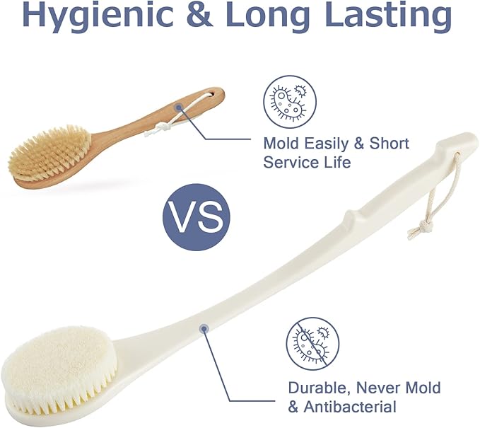 Body Back Scrubber – 17'' Long Handle Shower Brush, Anti-Mold Exfoliator for Dry & Wet Use, Deep Cleansing & Gentle Exfoliation for Smooth Skin – for Men, Women & Elderly (Cream White)