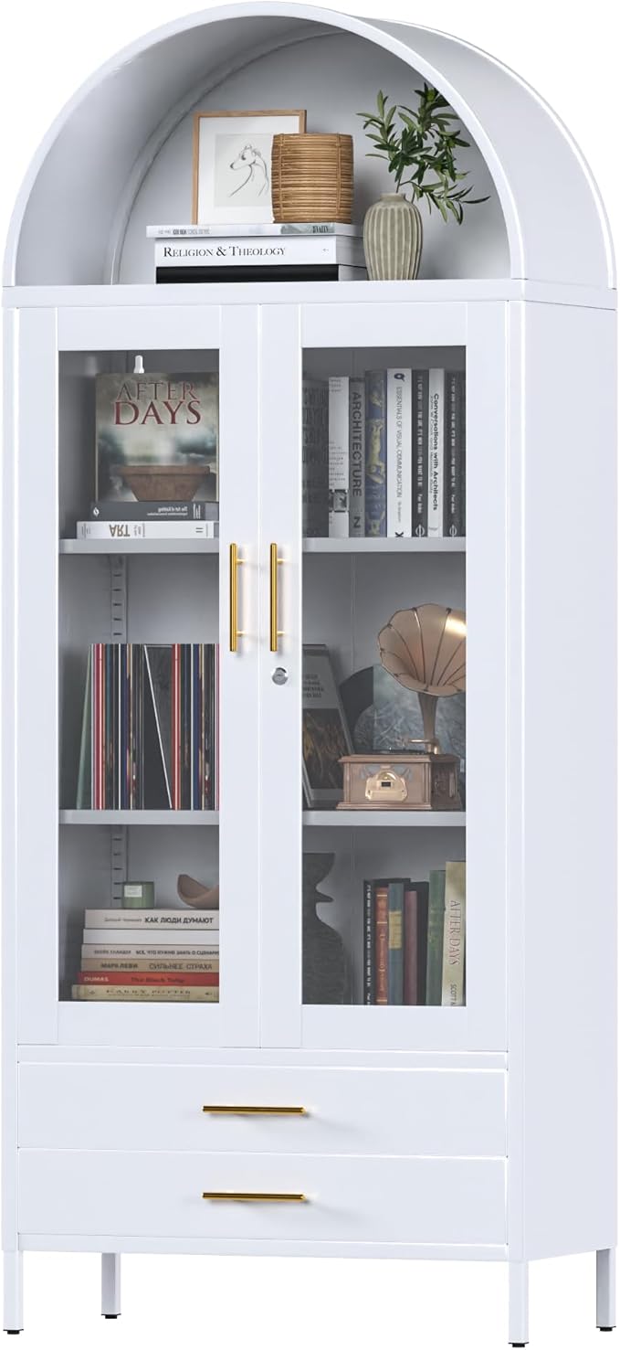 73''H Arched Kitchen Pantry Cabinets with 2 Drawers, Metal Arch Bookcase with Glass Door for Home Office, Assemble Require, White