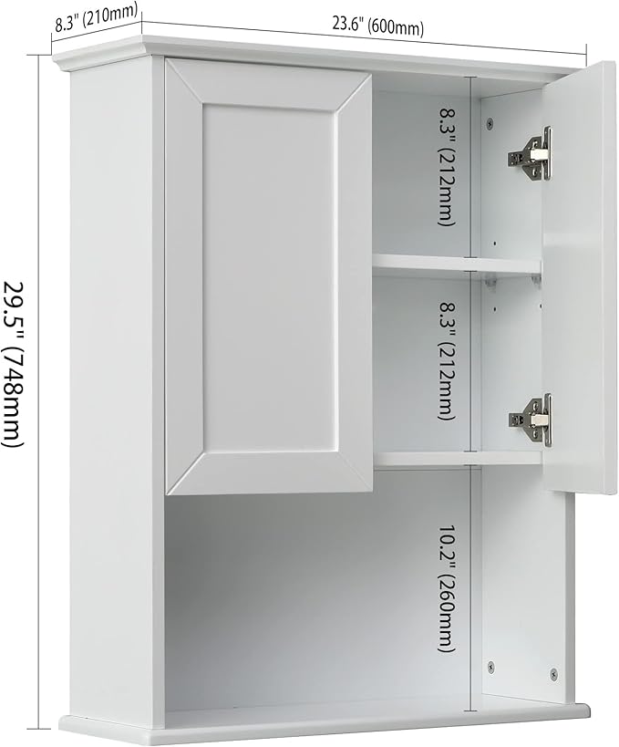Bathroom Wall Cabinet Wooden Medicine Cabinet Buffering Hinge MDF Material Over Toilet Storage 23"x29" and Adjustable Shelves Cupboard Above Toilet with Large Space