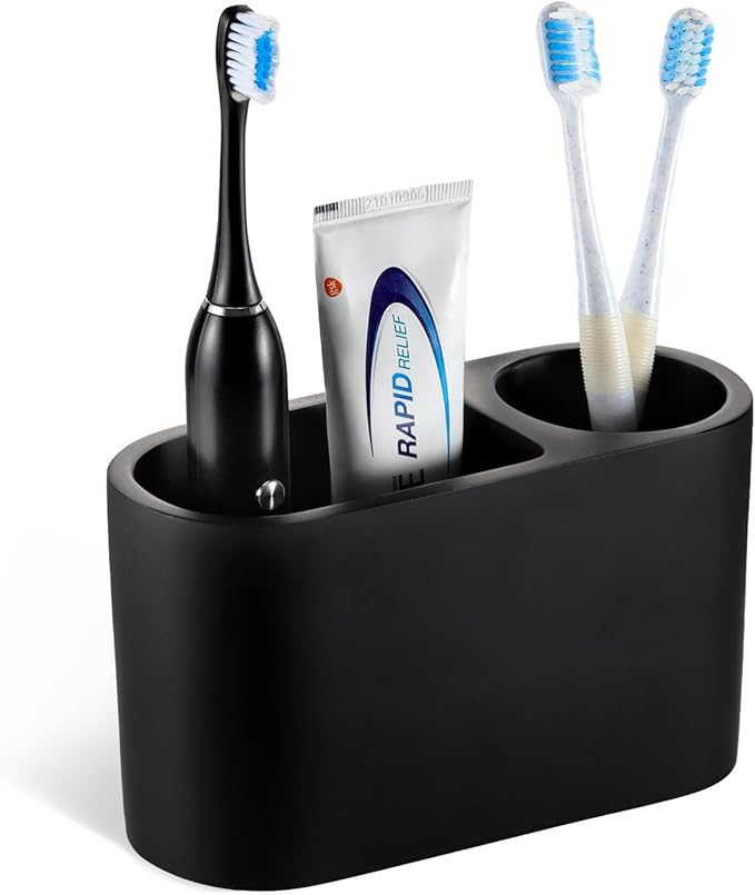 Luxspire Toothbrush Holder, 2 Slots Toothbrush and Toothpaste Holdersfor Bathrooms, Resin Toothbrush Holder Electric Toothbrush Stand for Vanity Countertop, Bathroom Accessories, Matte Black