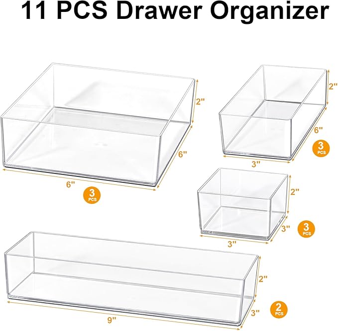 Stackable Acrylic Drawer Organizer Set, 11 PCS Multi-Size Storage Bins for Makeup, Office Desk, Bathroom, Vanity and Kitchen Utensils