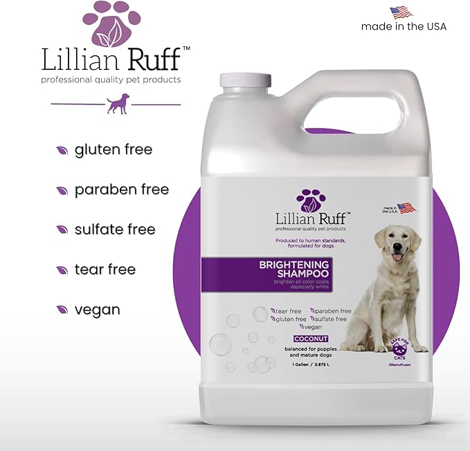 Lillian Ruff PRO Formula Ultra Brightening Dog Shampoo - Professional Whitening & Long-Lasting Odor Eliminator, Remove Stains & Discoloration, Dry Skin & Itch Relief - Aloe & Provitamin B5 Gallon+Pump