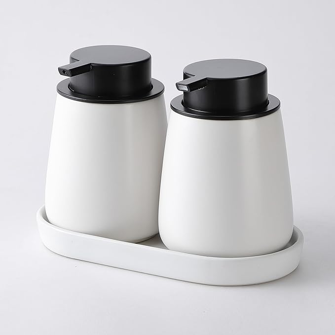 2 Pack White Round Soap Dispenser Tray - 8'' Ceramic Vanity Tray & Organizer Plate Set, Bathroom & Kitchen Countertop Decor for Soap Dispenser, Jewelry, Cosmetics, Sink