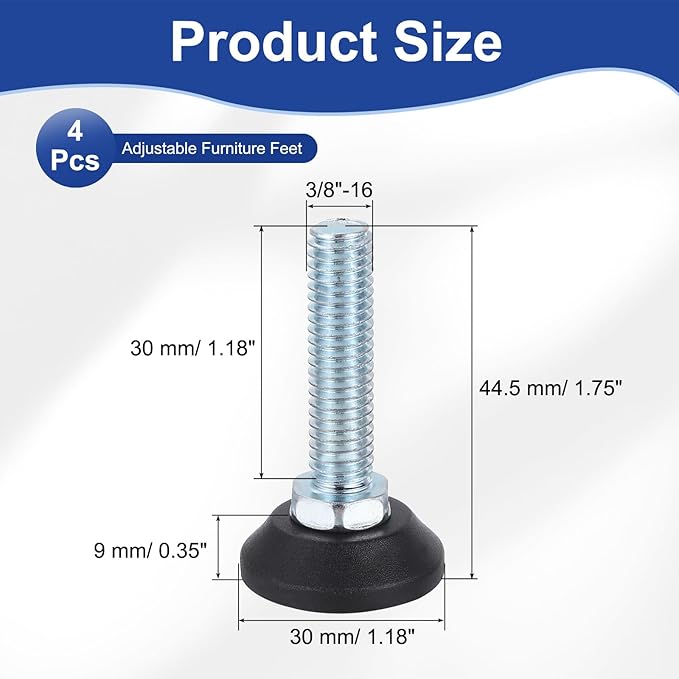 uxcell 3/8"-16 Thread Furniture Feet Levelers, 4Pcs 30mm l Adjustable Furniture Feet Screw in Threaded Leveling Leg Screw on Chair Foot Glides Leveling for Table Chair Cabinet Black