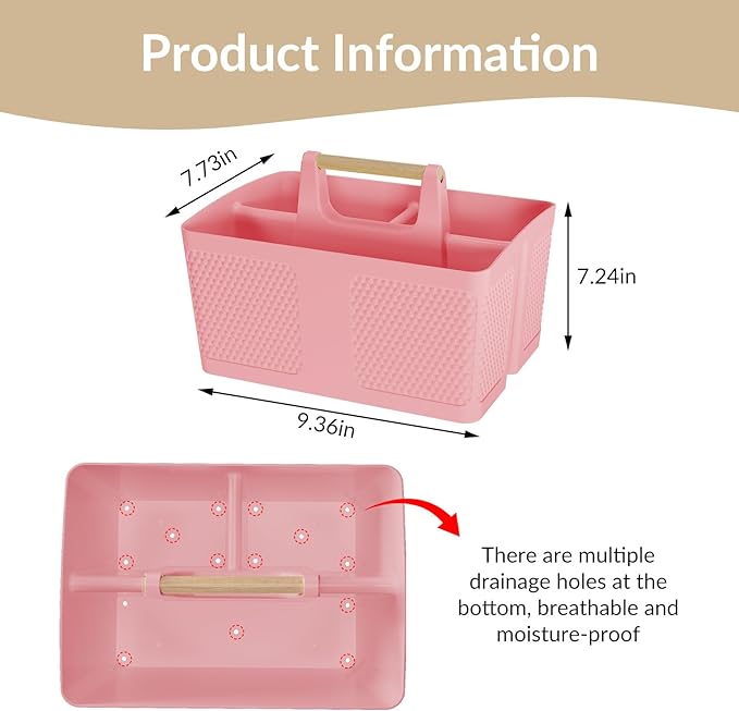 Shower Caddy Portable and Cleaning Caddy Organizer for Bathroom, Kitchen, Toiletries Storage ，Caddy organizer with handle, Rust-Resistant, Durable Material (Pink, 9.36" L×7.73" W×7.24" H)