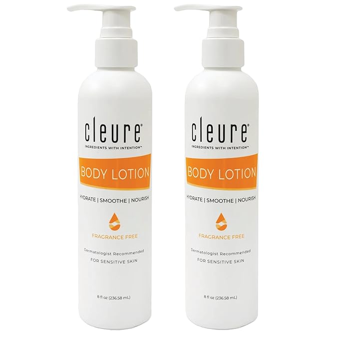 Cleure Body Lotion for Sensitive Skin - Daily Moisturizer with Shea Butter & Vitamin E - Fragrance Free, Gluten Free, Paraben Free (8 oz, Pack of 2)