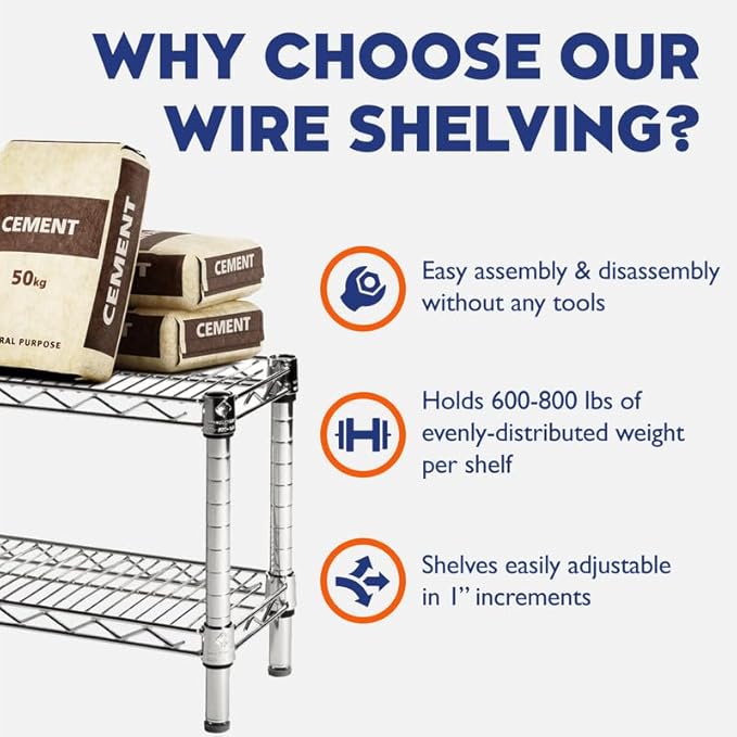 Shelving Inc. 8" d x 30" w x 96" h Chrome Wire Shelving with 5 Tier Shelves, Weight Capacity 800lbs Per Shelf