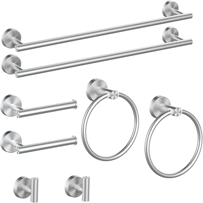 Cilee 8 Piece Brushed Nickel Bathroom Hardware Set, 24inch Bathroom Towel bar+Towel Ring+Toilet Paper Holder+ Robe Towel Hook, SUS304 Stainless Steel Bathroom Accessory Set