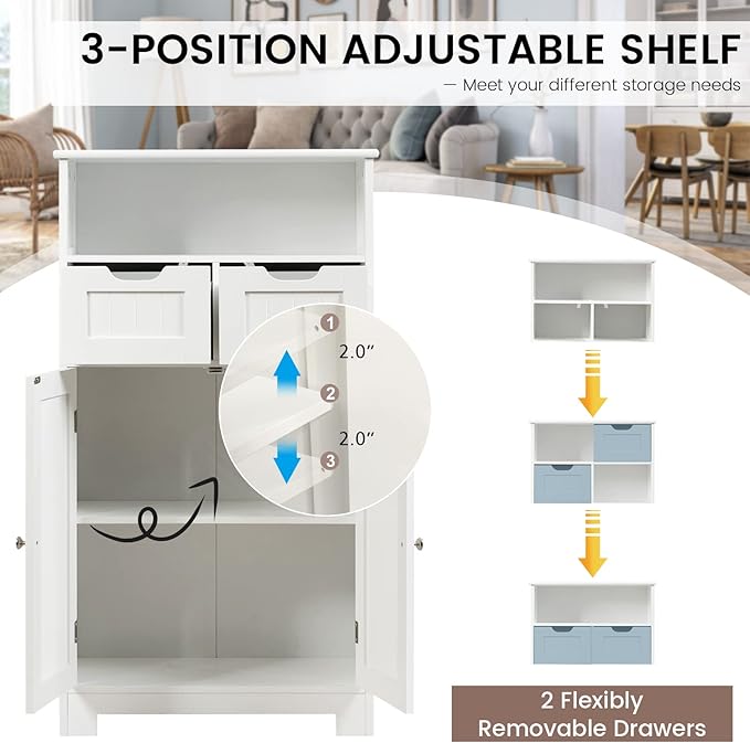 COSTWAY Bathroom Storage Cabinet, Freestanding Storage Organizer with 2 Drawers & Adjustable Shelf, Wooden Floor Cabinet for Living Room, Bedroom, Kitchen, Entryway (White)