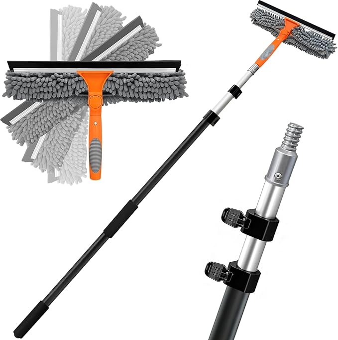 20 Ft High Reach Window Squeegee with 5-12Ft Extra-Thick Aluminum Telescopic Extension Pole| 14" Extra-Large 2-in-1 Window Cleaner Tool| Window Washer for Indoor/Outdoor Window,RV,Truck Glass