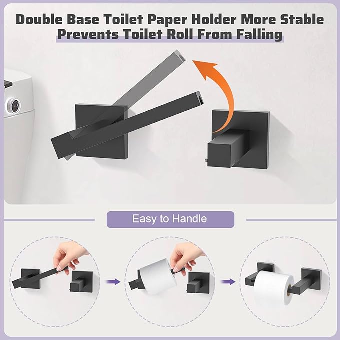 TNOMS Matte Black Towel Bar Set 5-Piece Bathroom Hardware Accessories Set,23.6 Inch Modern Towel Holder Set SUS304 Stainless Steel Towel Rack Set for Bathroom,Wall-Mounted