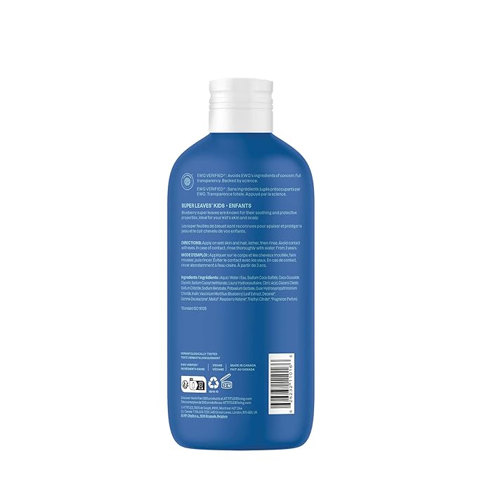 ATTITUDE Shampoo and Body Wash for Kids, EWG Verified Hair and Body Cleanser, Dermatologically Tested Soap, Plant and Mineral Based Bath Products, Vegan, Blueberry, 16 Fl Oz