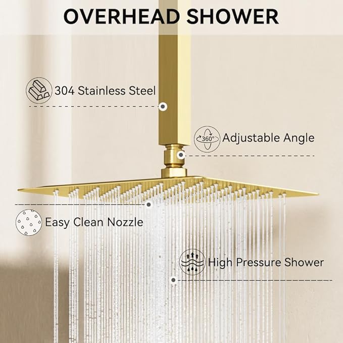 Brushed Gold Shower System, STARBATH Ceiling Mounted 10+6 Inch Rainfall Shower Head with 2 in 1 High Pressure Handhled, Can Use All at Once, Push Button Diverter Thermostatic Valve with Trim Kit