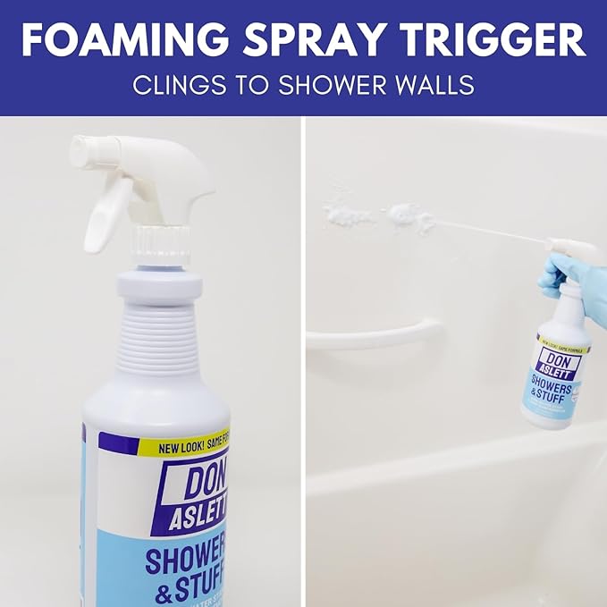 Don Aslett Showers and Stuff (32 Oz Spray Bottle, Pack of 2) Hard Water Stains and Soap Scum Remover | Cleans Bathroom Rust, Grout Tile Lines, Fiberglass Tub, Glass Shower Door Surfaces