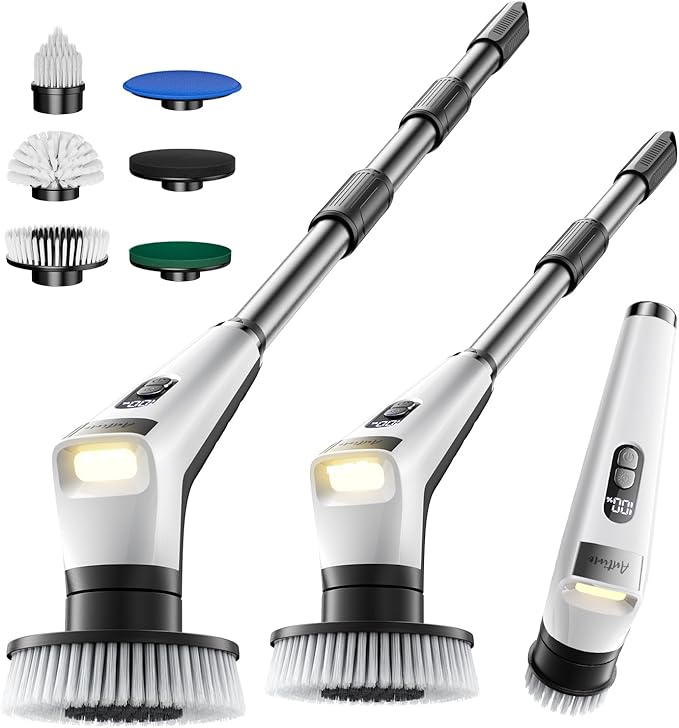 Antime Electric Spin Scrubber with LED Light, IPX8 Waterproof Cleaning Brush with LCD Display, 5 Replaceable Brush Heads, Shower Scrubber with 25kg Torque, 90min Runtime for Bathroom, Kitchen, Tile