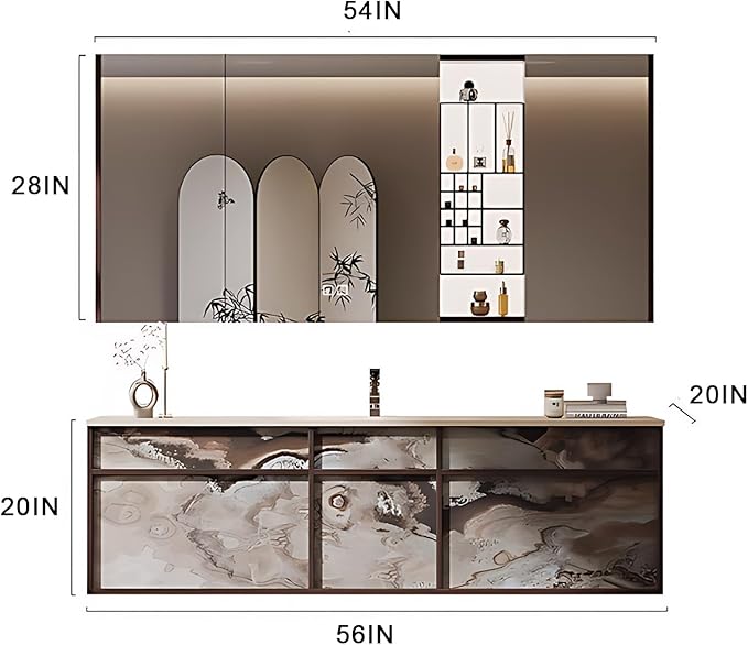 56IN Modern Bathroom Vanity with Sink - Bathroom Vanity with 2 Drawer Organizer, LED Mirror Lights & Defogging Function | Wall - Mounted Vanity with Silver Sink Faucet
