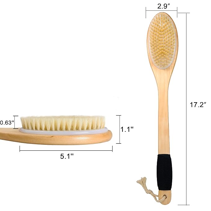 OWIIZI Bath Brush Wooden Curved Long Handle Antiskid Shower Brush for Exfoliating, Natural Bristle Scrubber for Back Use Wet or Dry