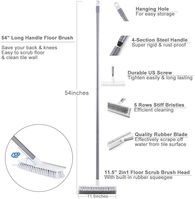 Floor Scrub Brush with Long Handle 54''- Stiff Bristle 2 in 1 Shower Scrubber with Squeegee Cleans Kitchen, Wall, Tile, Grout, Tub and Carpet, Brush Broom Scrubbing Garage, Patio Deck