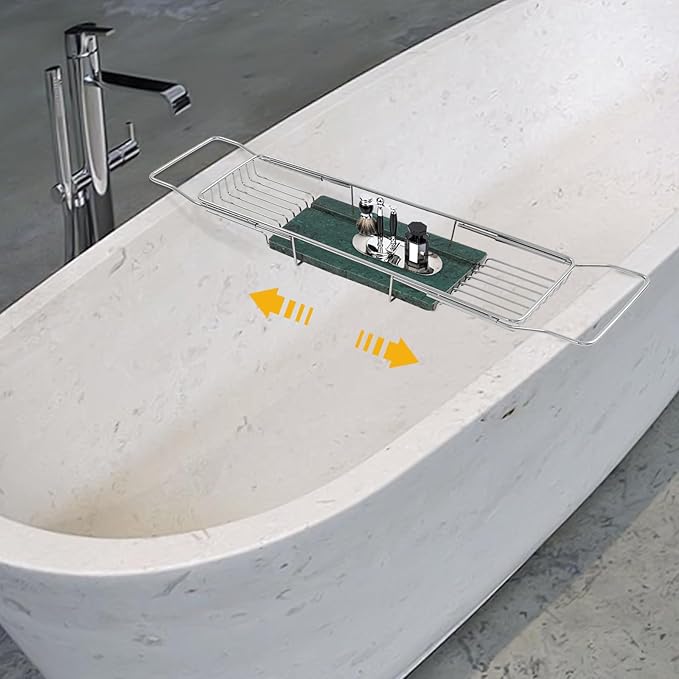 Bathtub Tray Caddy for Luxury Bath, Stainless Steel 26.8-35.4 in Expandable Extra Wide Bath Tub Tray with Natural Marble and Mobile/Tablet Stand, Ideal for Home Spa Lovers (Silver + Green)