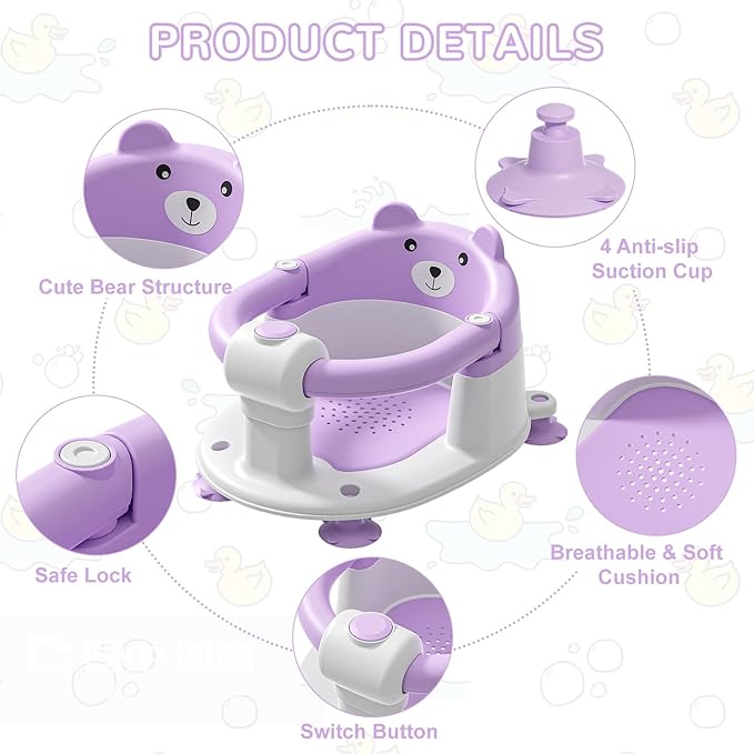 Baby Bath Seat for Babies 6 Months & up, Non-Slip Toddler Bath Seats for Babies Sitting Up, Safe Infant & Newborn Bathtub Chair with 4 Suction Cups & Soft Cushion for Shower,Lavender