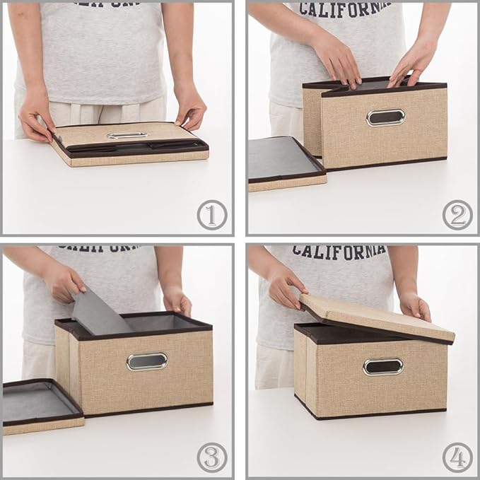 PRANDOM Storage Bins with Lids [3-Pack] Jute Fabric Foldable Storage Boxes Organizer Containers Baskets Cube with Cover for Home Bedroom Closet Office Nursery khaki（11.4X8.6X6.7