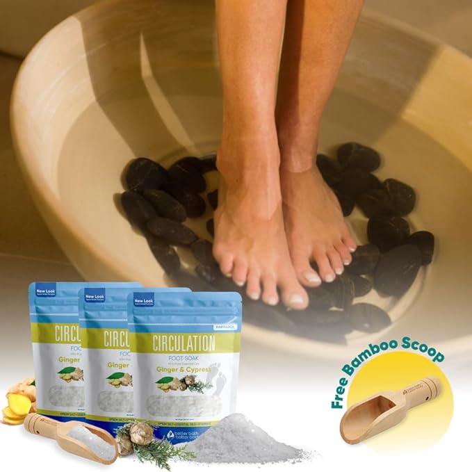 Circulation Foot Soak (3-Pack with Scoop) Foot Soaking Epsom Salts with Pure Essential Oils in BPA Free Pouch with Press-Lock Seal Made in USA, Three 2-Lbs Pouches 6-Lbs Total