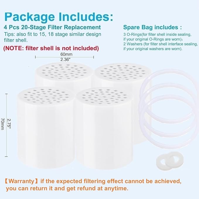 4 Pc Luxau 20 Stage (Also Fit 15, 18 Stage) Shower Filter Replacement Cartridge, Shower Head Filter Refill, for Hard Water Chlorine Heavy Metal, Skin Hair, Fit Any Similar Design Shower Water Filter